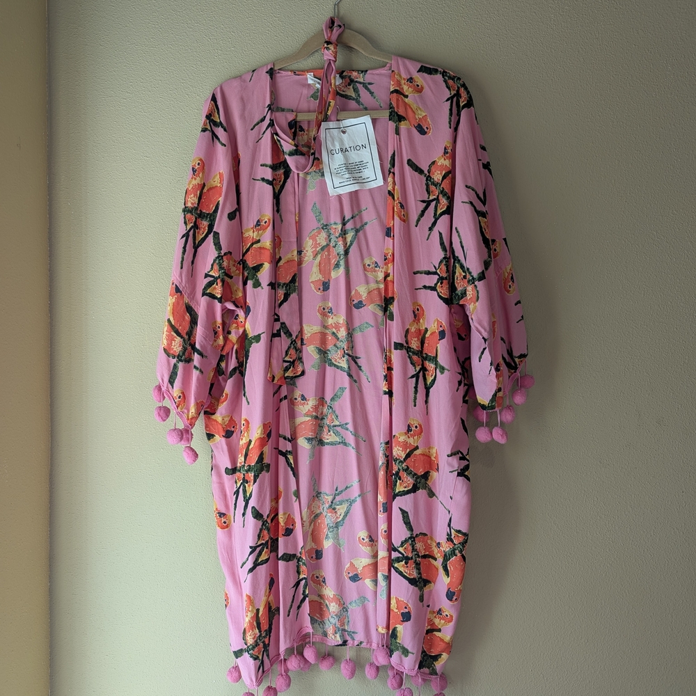 Floral Pink Bird Robe with Pom-Pom Trim